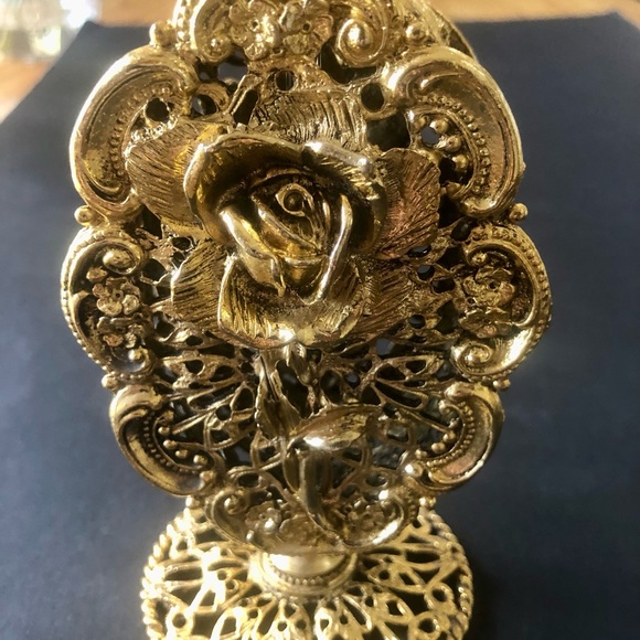 Vintage 9.5” Gold Metal Ormolu Filigree Perfume Bottle Ornate Rose - Picture 7 of 11